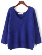 Romwe V Neck Dip Hem Blue Sweater