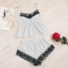 Romwe Polka Dot Lace Trim Cami Pj Set