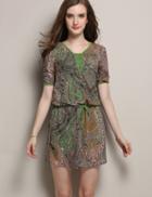 Romwe Drawstring Vintage Print Shift Dress