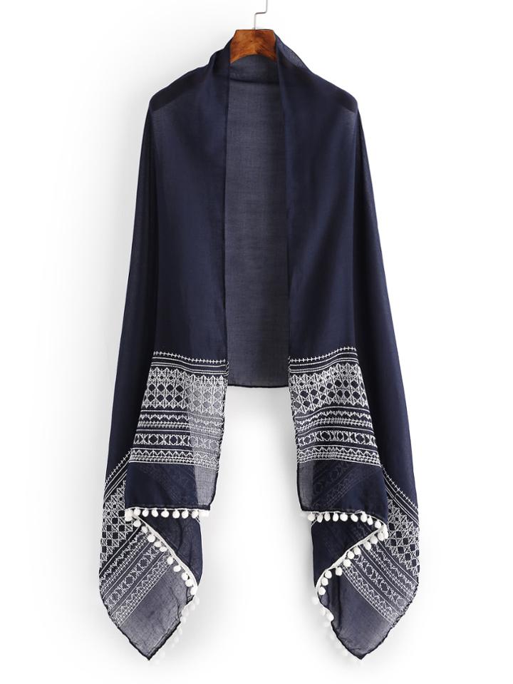 Romwe Retro Print Pom Pom Trim Scarf