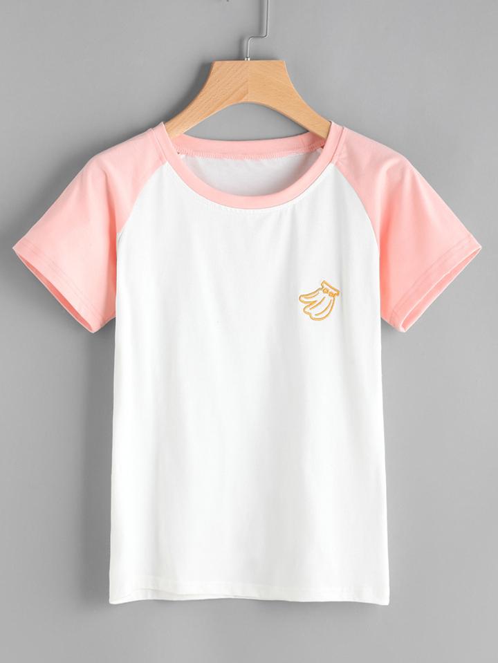 Romwe Banana Embroidered Contrast Sleeve Tee