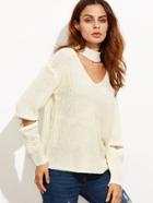 Romwe Beige Cut Out Loose Sweater With Zip Detail