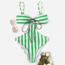 Romwe Striped Tie Front Backless One Piece Swimwear