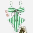 Romwe Striped Tie Front Backless One Piece Swimwear