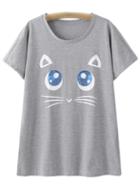 Romwe Grey Short Sleeve Cat Sequined Casual T-shirt