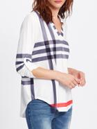 Romwe Roll Tab Sleeve Mixed Striped V Neck Top