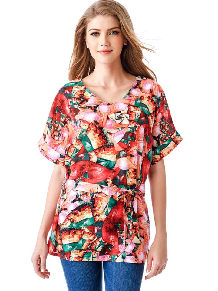 Romwe Printed Random Self Tie Waist Blouse