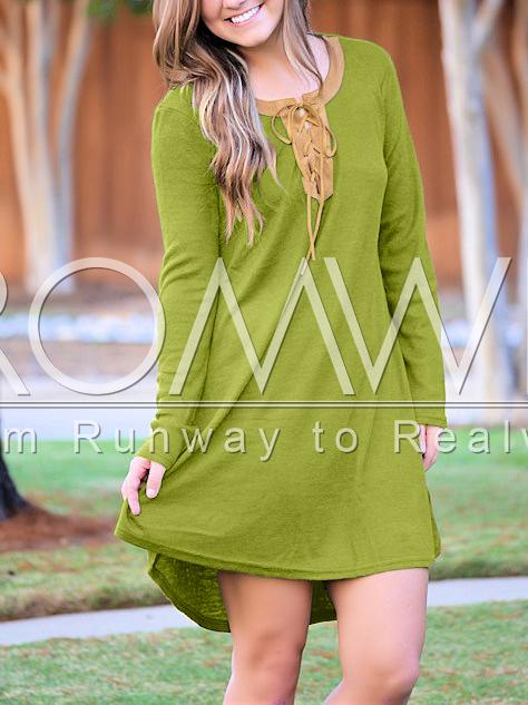 Romwe Green Lace Up Neck Elbow Patch T-shirt Dress