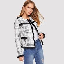 Romwe Fringe Trim Open Front Tweed Coat