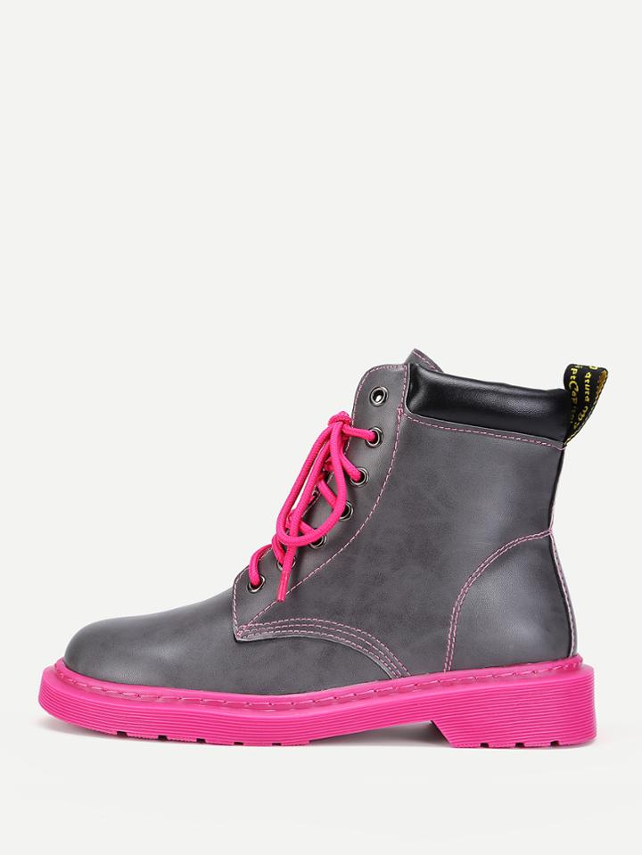 Romwe Contrast Lace Up Pu Ankle Boots