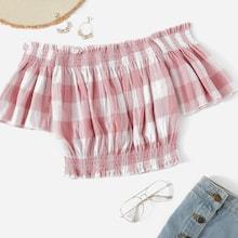 Romwe Plaid Print Ruffle Trim Crop Blouse