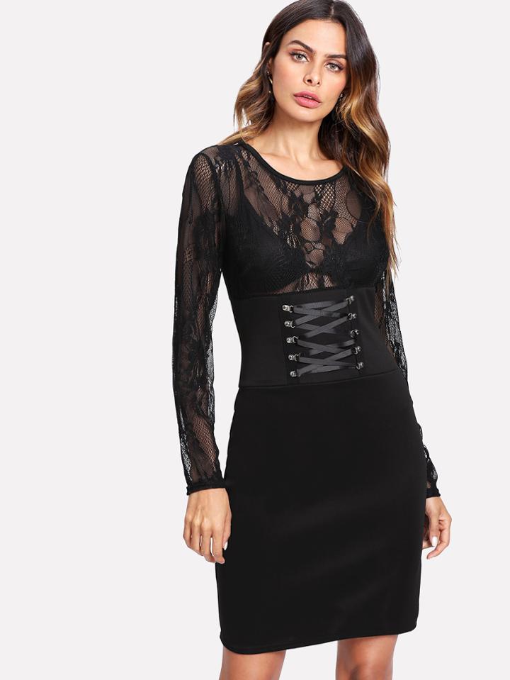 Romwe Contrast Lace Corset Detail Sheath Dress