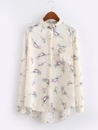 Romwe Beige Kingfisher Print High Low Blouse