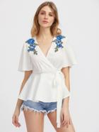 Romwe Embroidered Flower Applique Wrap Peplum Top