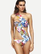 Romwe Multicolor Flower Print Asymmetric Wide Strap Monokini