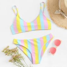 Romwe Striped Thin Strap Top With High Leg Bikini Set