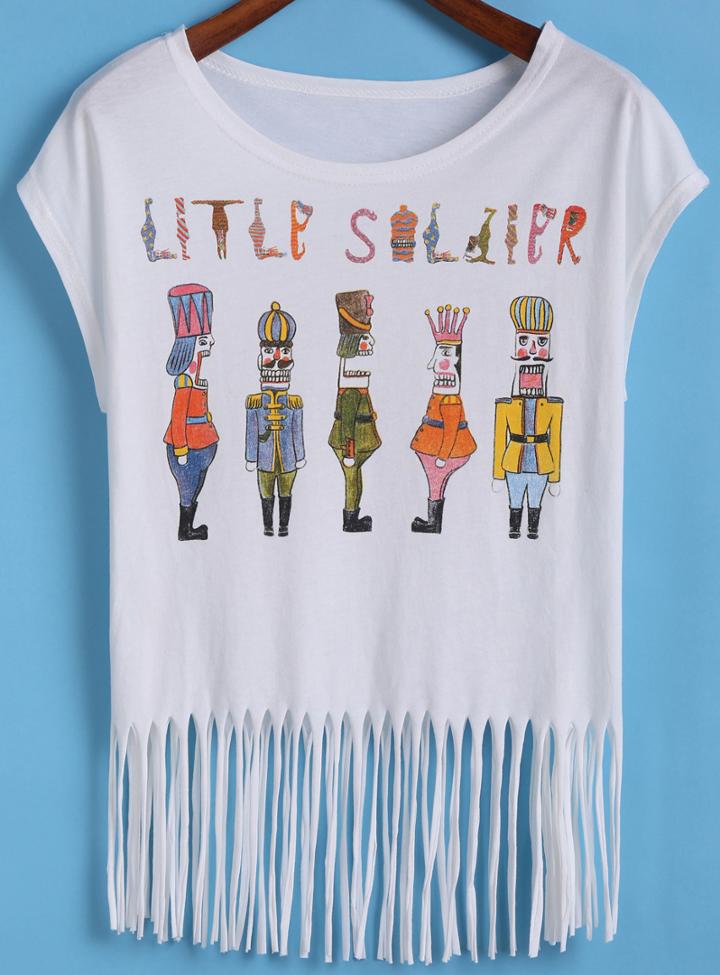 Romwe With Tassel Soldiers Print White T-shirt