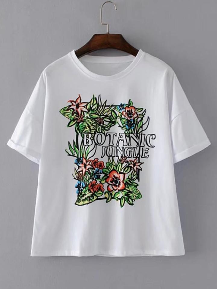 Romwe Flower Print Rolled Cuff Tee