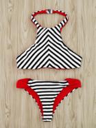 Romwe Chevron Striped Halter Bikini Set