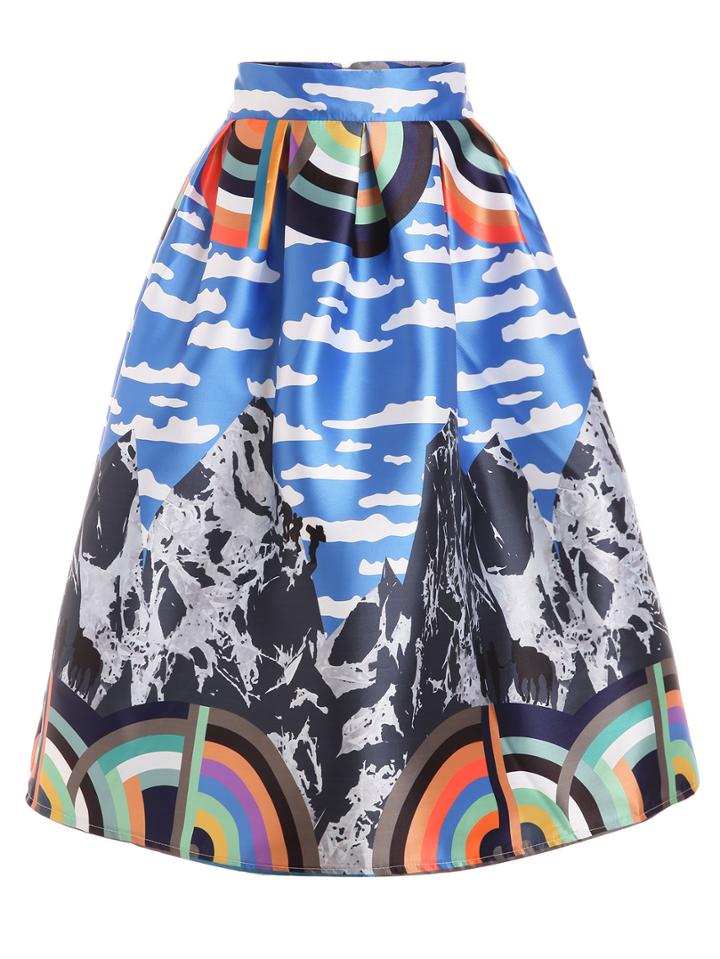 Romwe Mountain Print Box Pleated Midi Skirt