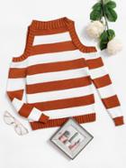 Romwe Cold Shoulder Wide Striped Knit Sweater