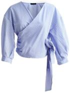 Romwe Blue Vertical Striped Wrap Blouse