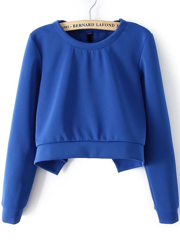 Romwe Back Split Crop Blue Sweatshirt