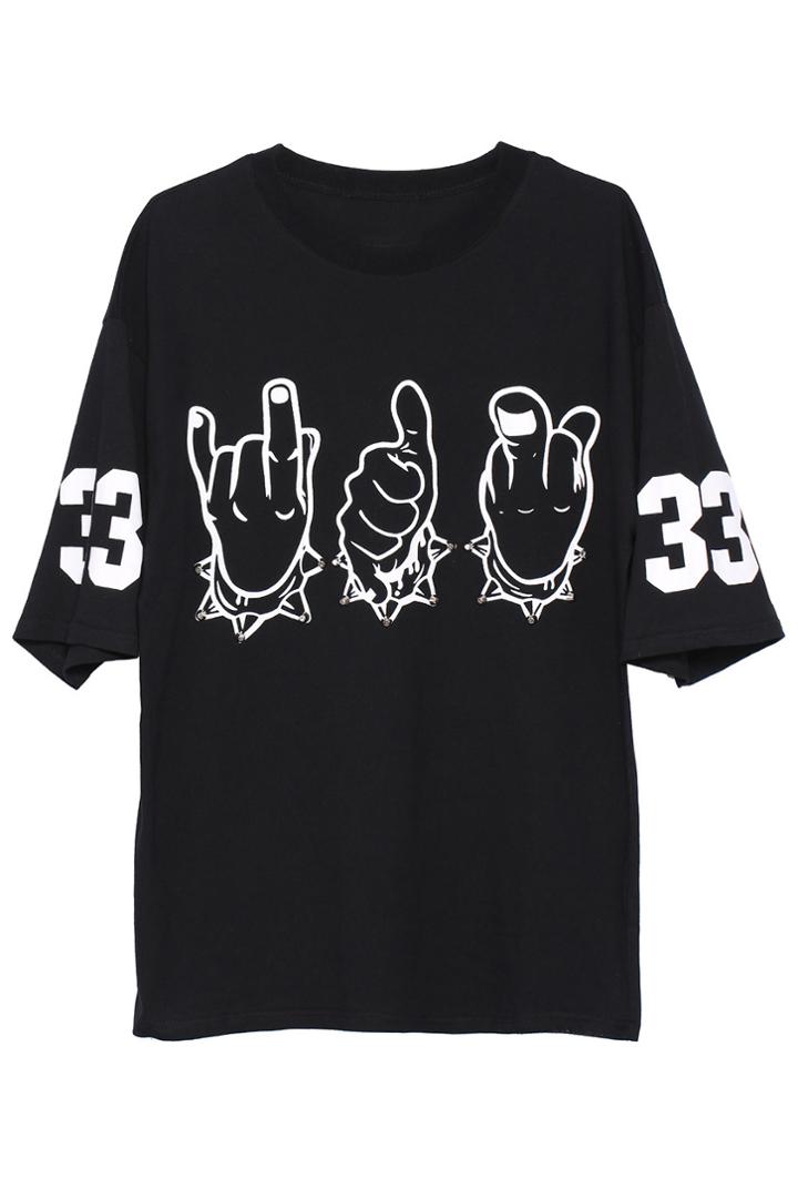 Romwe Romwe Gesture Print Rivet Loose T-shirt