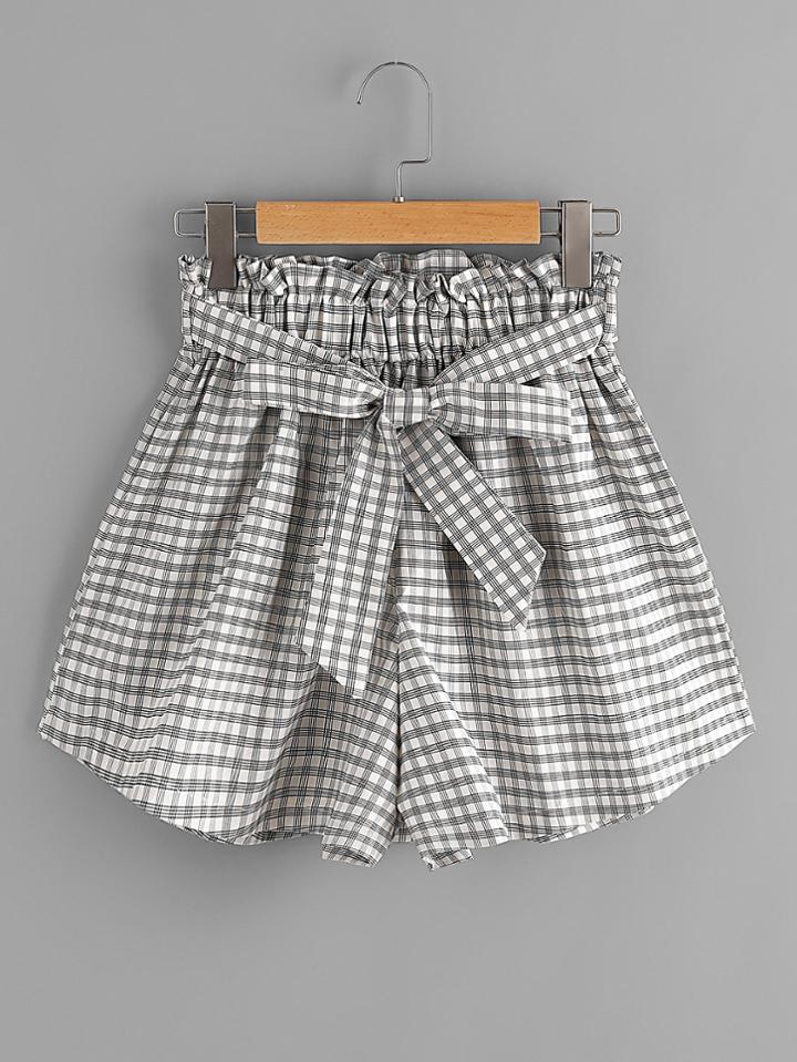 Romwe Gingham Print Shorts With Belt