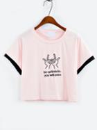 Romwe Contrast Trim Embroidered Crop T-shirt - Pink