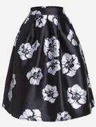 Romwe Mono Floral Print Flare Skirt With Zipper