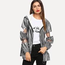Romwe Transparent Panel Insert Metallic Hoodie Rain Coat
