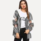 Romwe Transparent Panel Insert Metallic Hoodie Rain Coat