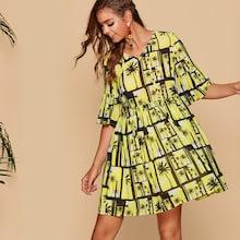 Romwe Tie Neck Bell Sleeve Coconut Tree Print Smock Dress