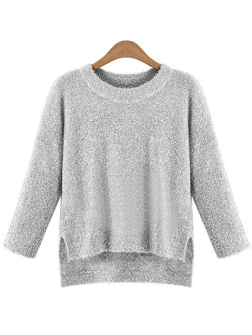 Romwe Dip Hem Split Side Silver Sweater