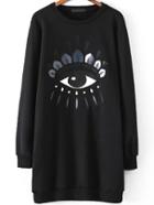 Romwe Eye Pattern Embroidered Black Sweatshirt