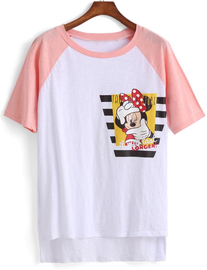 Romwe Minnie Print Dip Hem Pink T-shirt