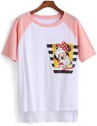 Romwe Minnie Print Dip Hem Pink T-shirt