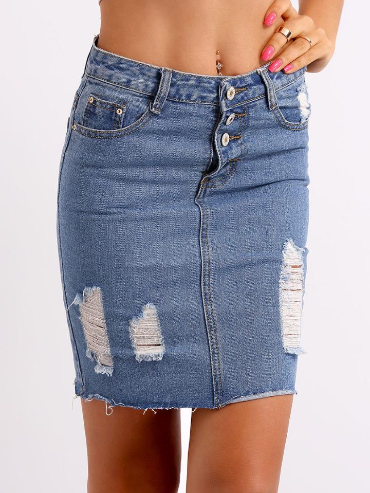 Romwe Blue Ripped Buttons Denim Skirt