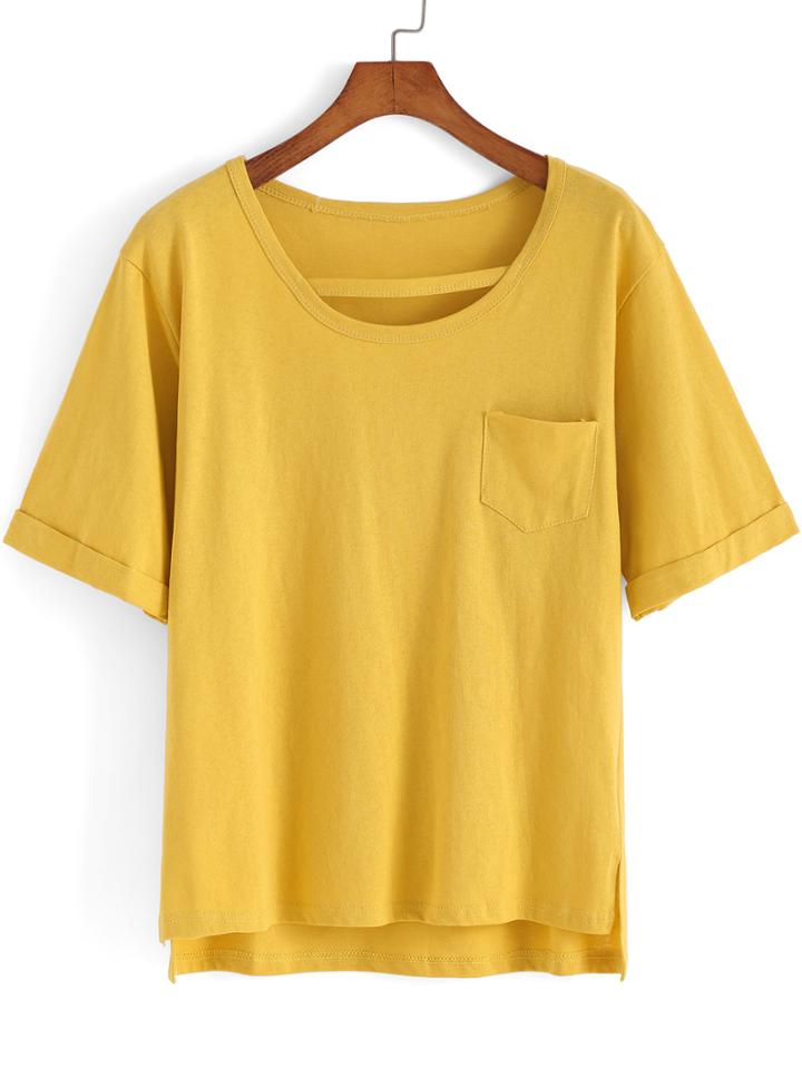 Romwe Yellow Round Neck Pocket Dip Hem T-shirt