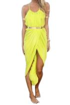 Romwe Sleeveless Wrap Sheer Yellow Dress