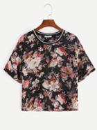 Romwe Striped Neck Multicolor Flower Print Chiffon Top