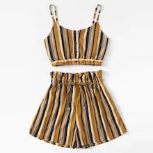 Romwe Plus Button Striped Cami Top With Shorts