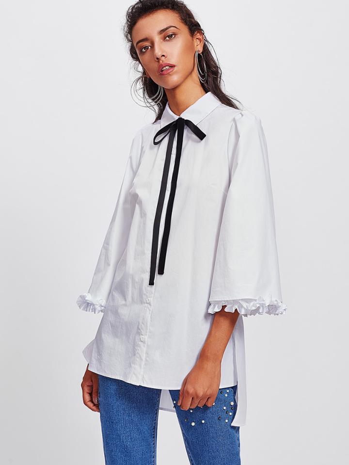 Romwe Frill Fluted Sleeve Tie Neck Stepped Hem Shirt