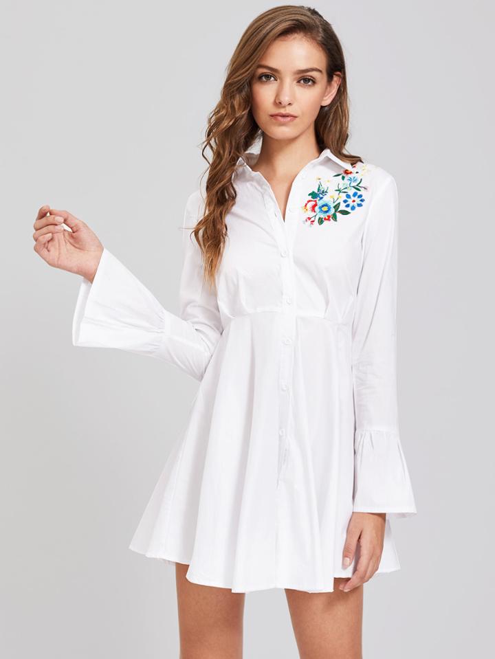 Romwe Flower Patch Fluted Sleeve High Waist Shirt Dress