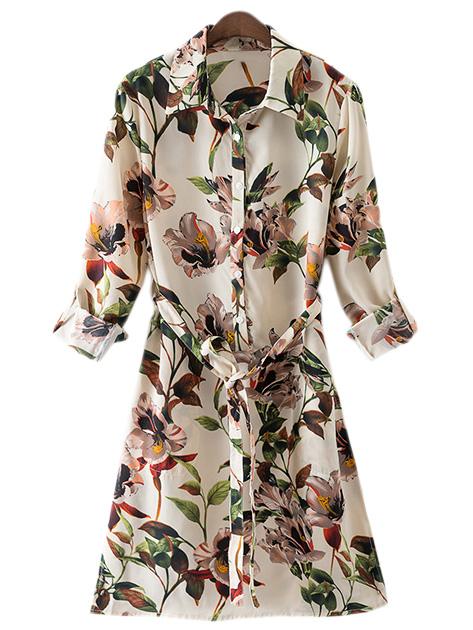 Romwe Multicolor Split Side Tie-waist Flowers Print Shirt Dress