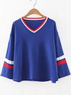 Romwe Blue Color Block V Neck Loose Sweater