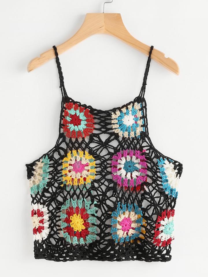 Romwe Flower Pattern Crochet Beach Cami