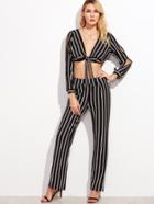 Romwe Deep V Neck Knotted Crop Top With Vertical Striped Pants
