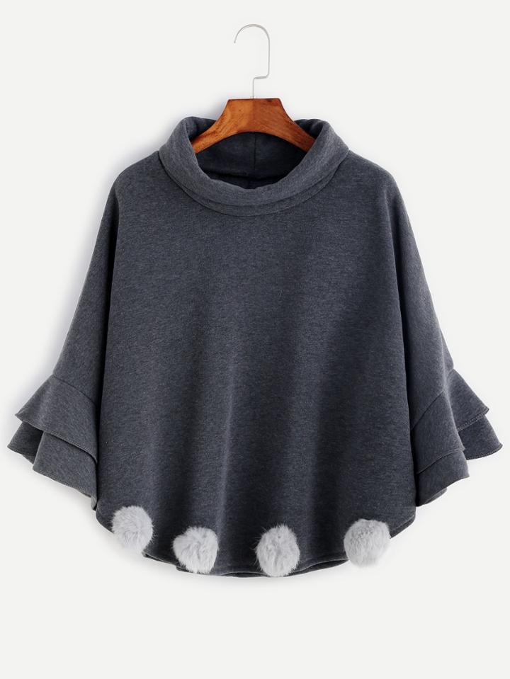 Romwe Grey High Neck Ruffle Pom Pom Poncho Coat